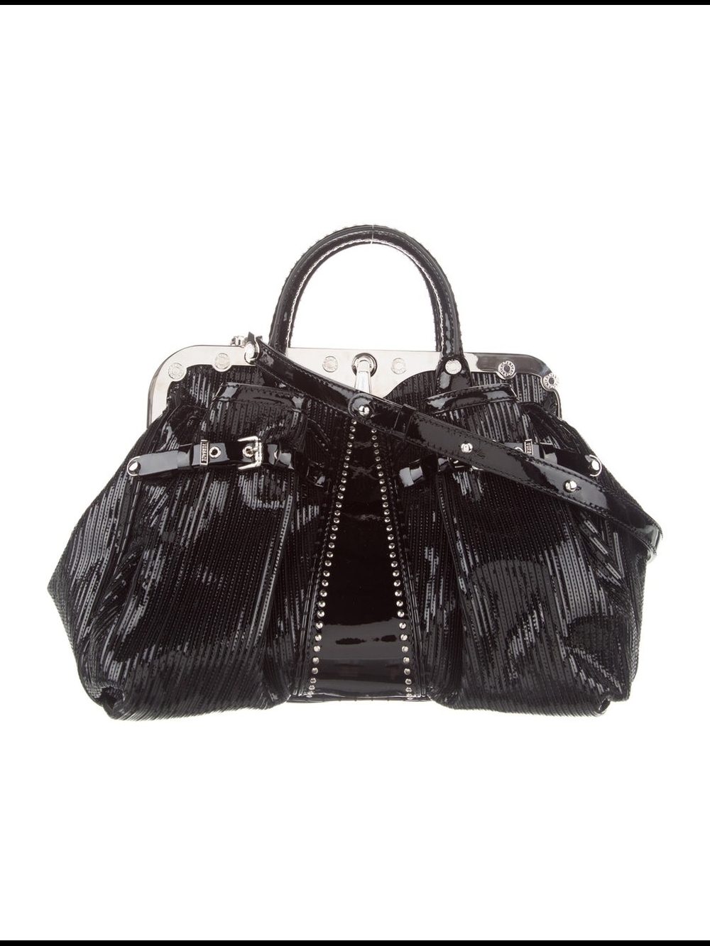 Versace Turn-Up Framed Black Patent Leather Stud-Trim Satchel Handbag